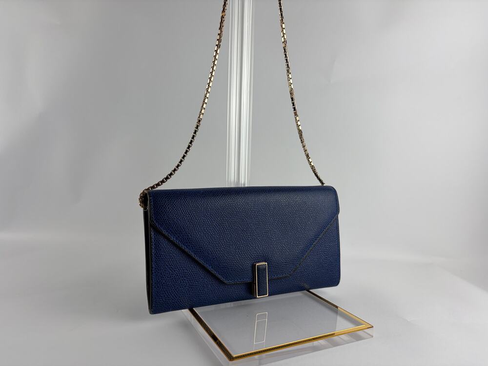 Valextra Iside Wallet on Chain Blue Grained Leather Gold Box Chain Crossbody